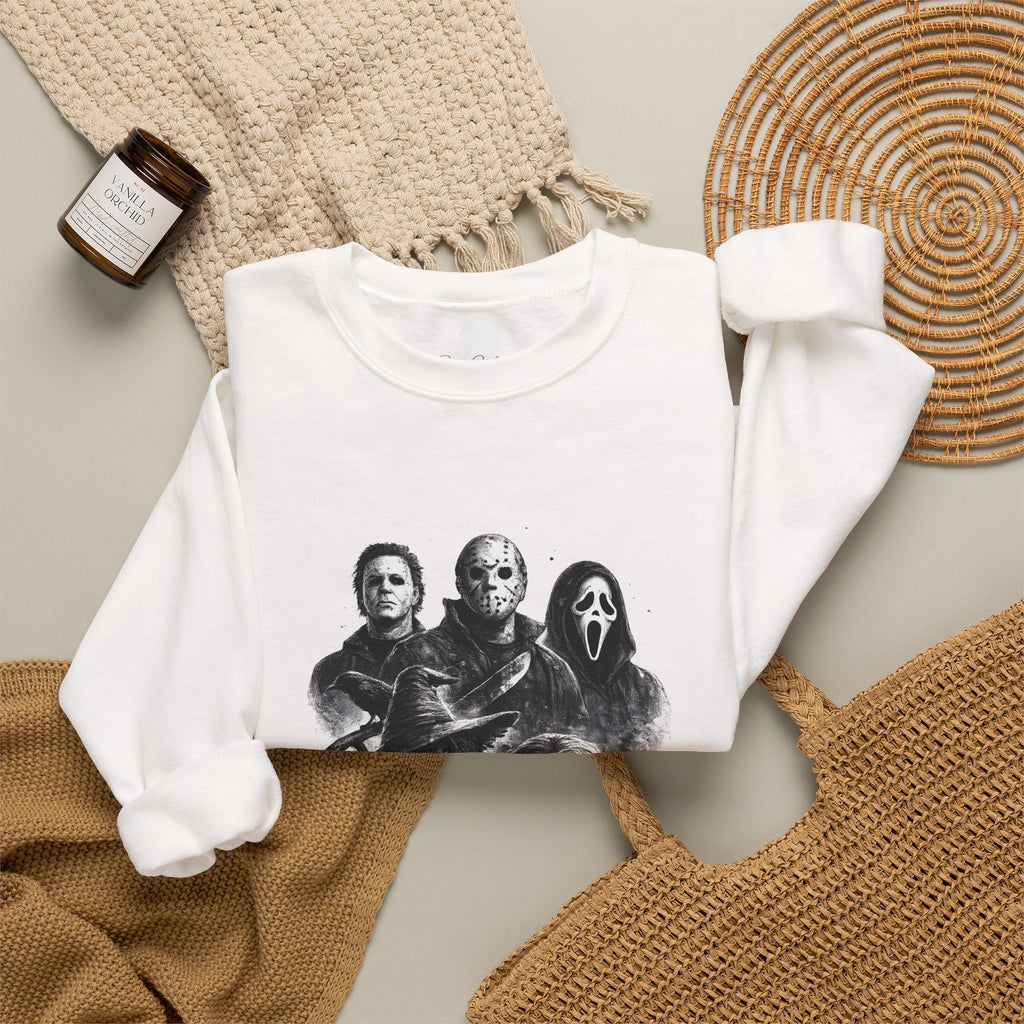 Horror Icons Crewneck Sweatshirt — Vintage Halloween Slasher Collage