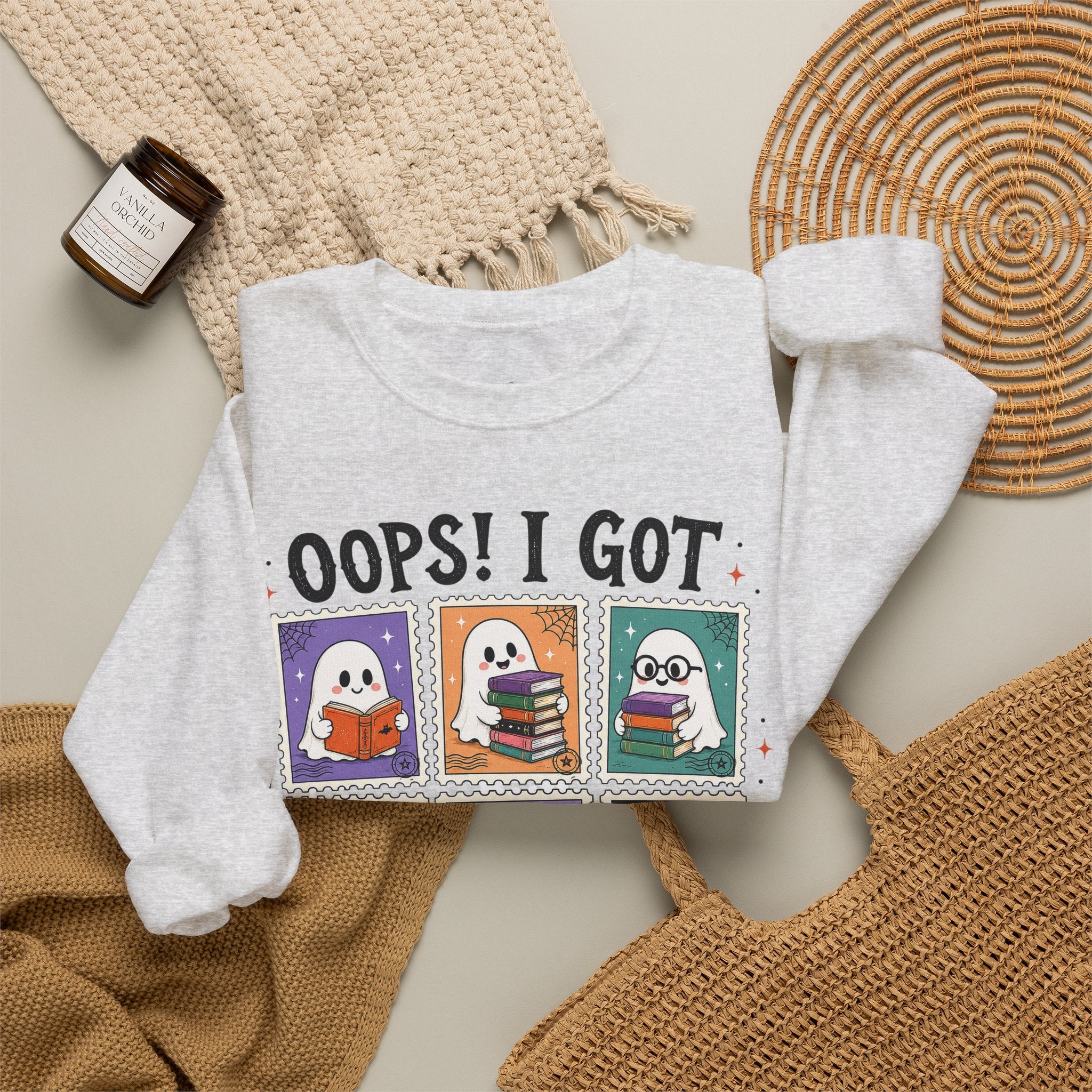 Crewneck Sweatshirt — "Oops! I Got Another Book" Cute Reading Ghosts Graphic