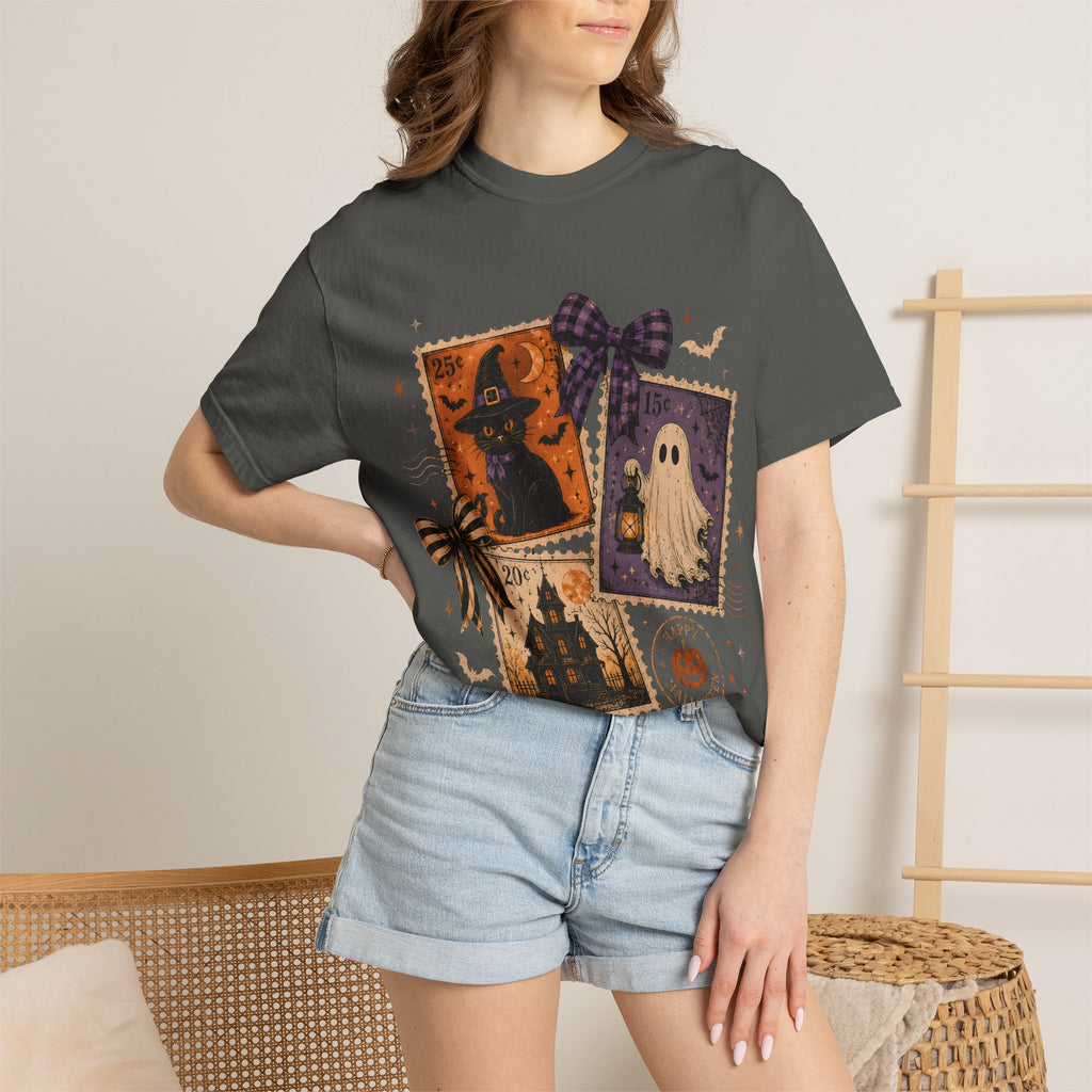 Vintage Halloween Stamps T-Shirt | Witch Ghost Haunted House Postage
