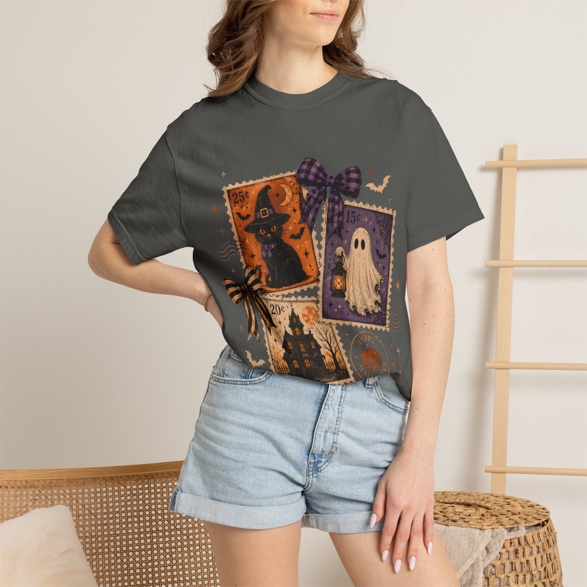 Vintage Halloween Stamps T-Shirt | Witch Ghost Haunted House Postage