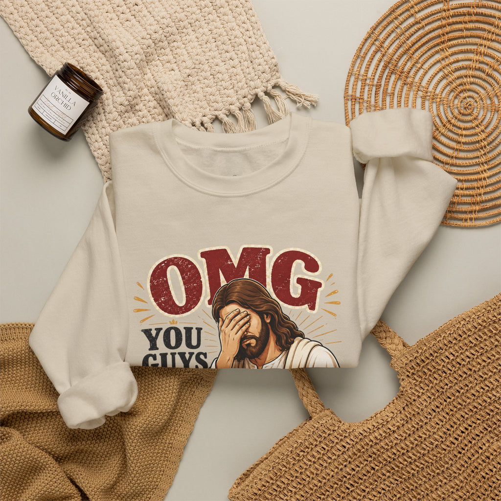 Relatable Jesus Facepalm Crewneck Sweatshirt – "OMG You Guys That's Not What I Said" Christian Pullover