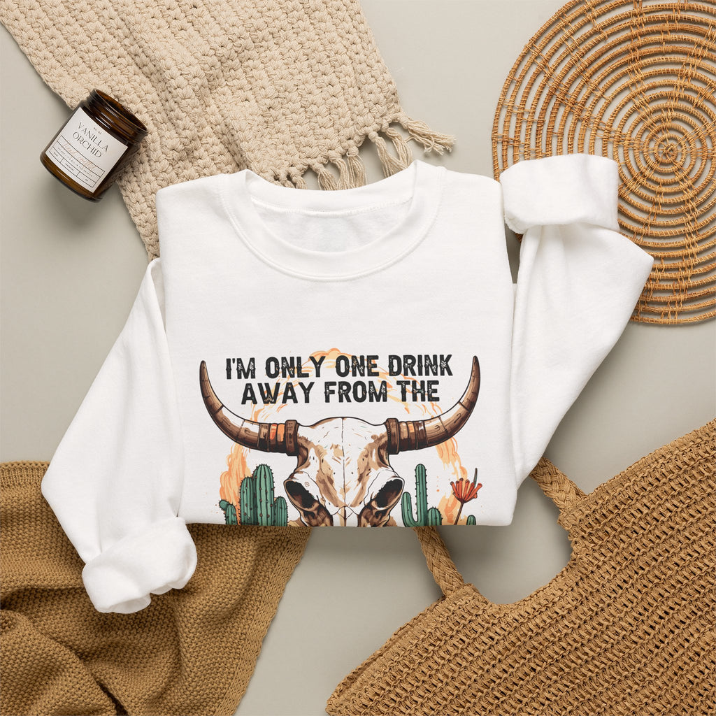 Devil Drink Sweatshirt — 'I'm Only One Drink Away From The Devil' Western Skull Crewneck Unisex