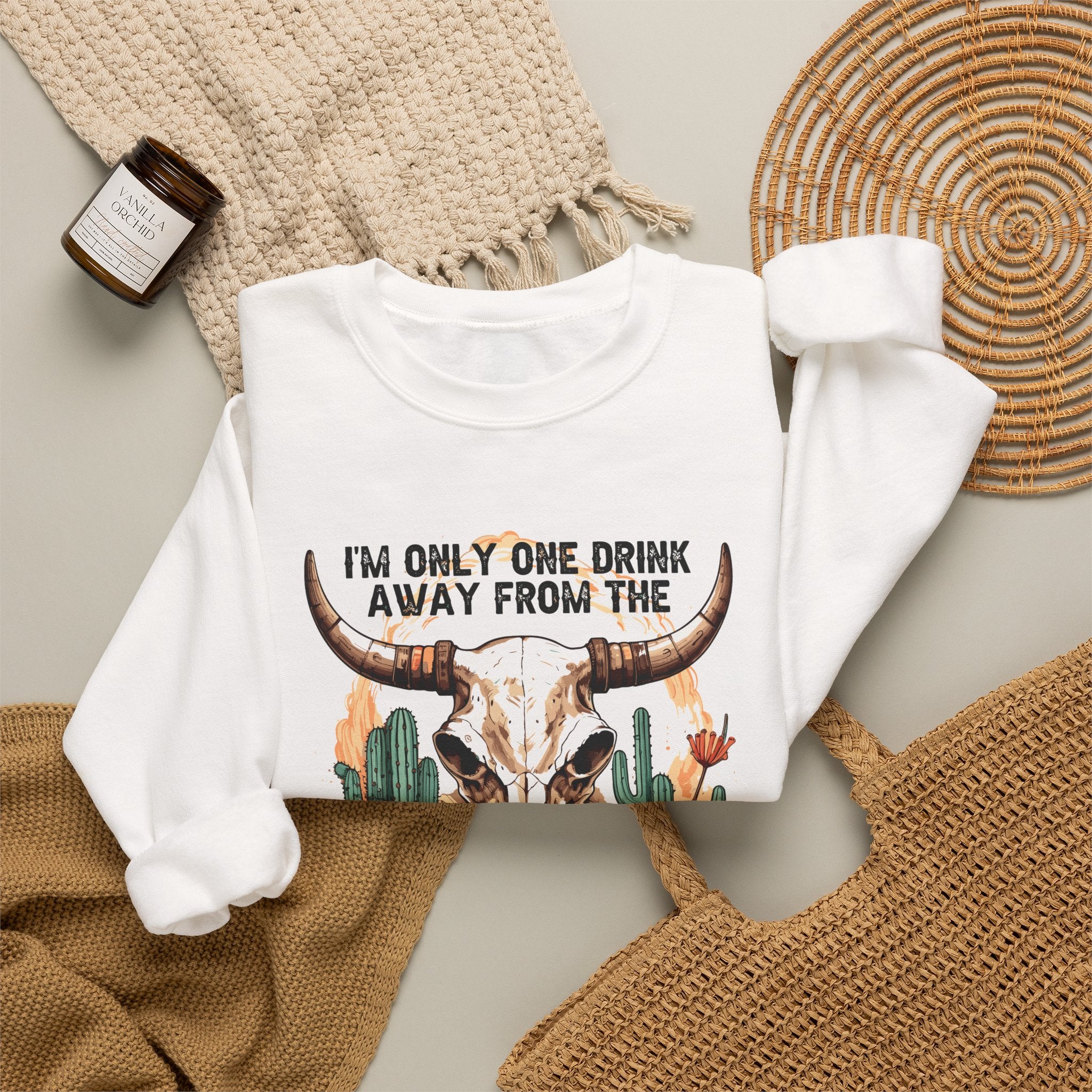 Devil Drink Sweatshirt — 'I'm Only One Drink Away From The Devil' Western Skull Crewneck Unisex