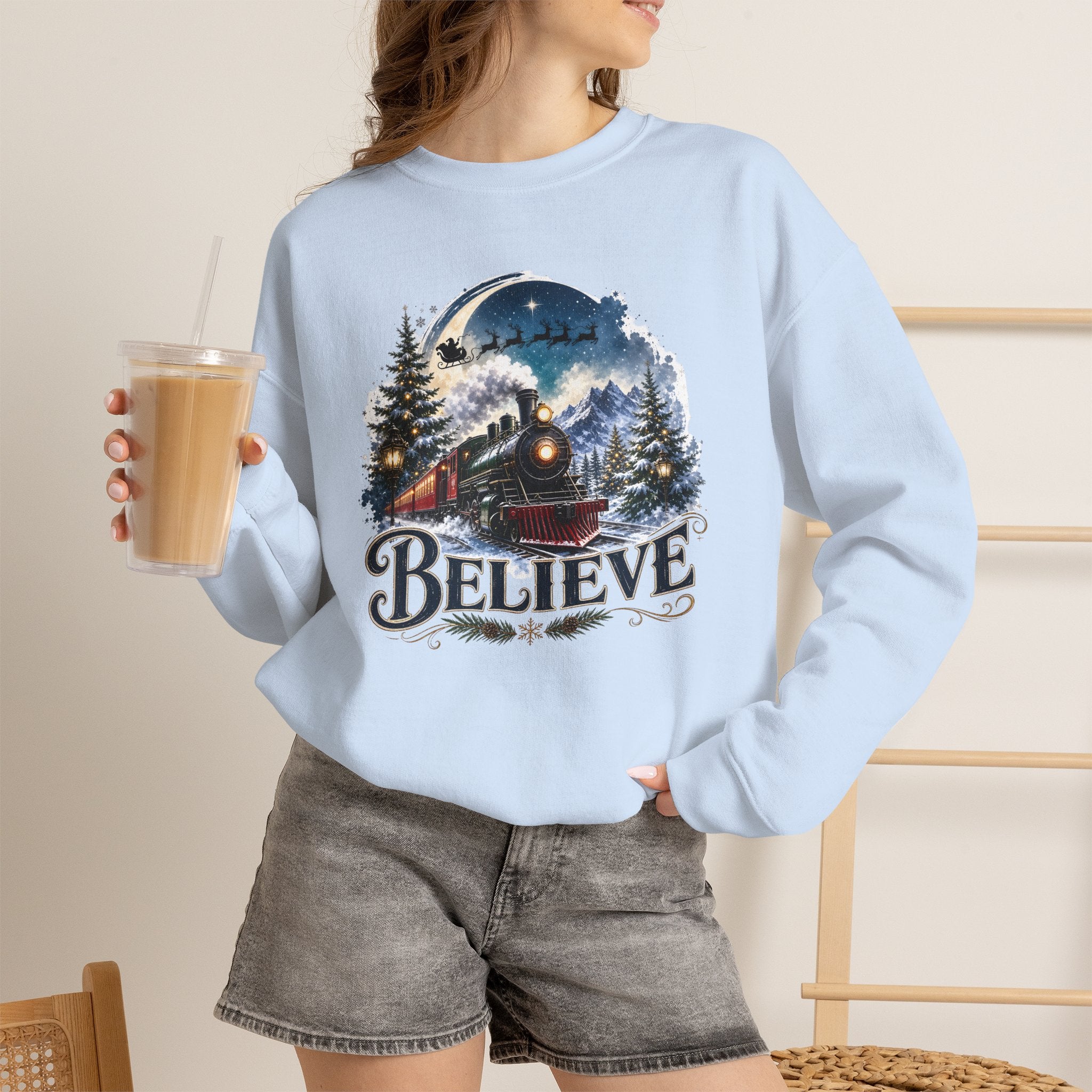 Believe Train Sweatshirt - Vintage Holiday Winter Steam Locomotive Crewneck