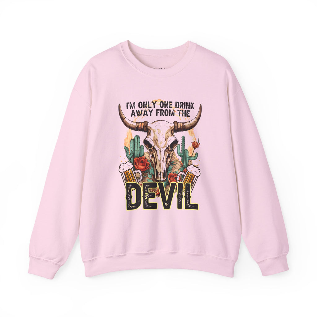 Devil Drink Sweatshirt — 'I'm Only One Drink Away From The Devil' Western Skull Crewneck Unisex