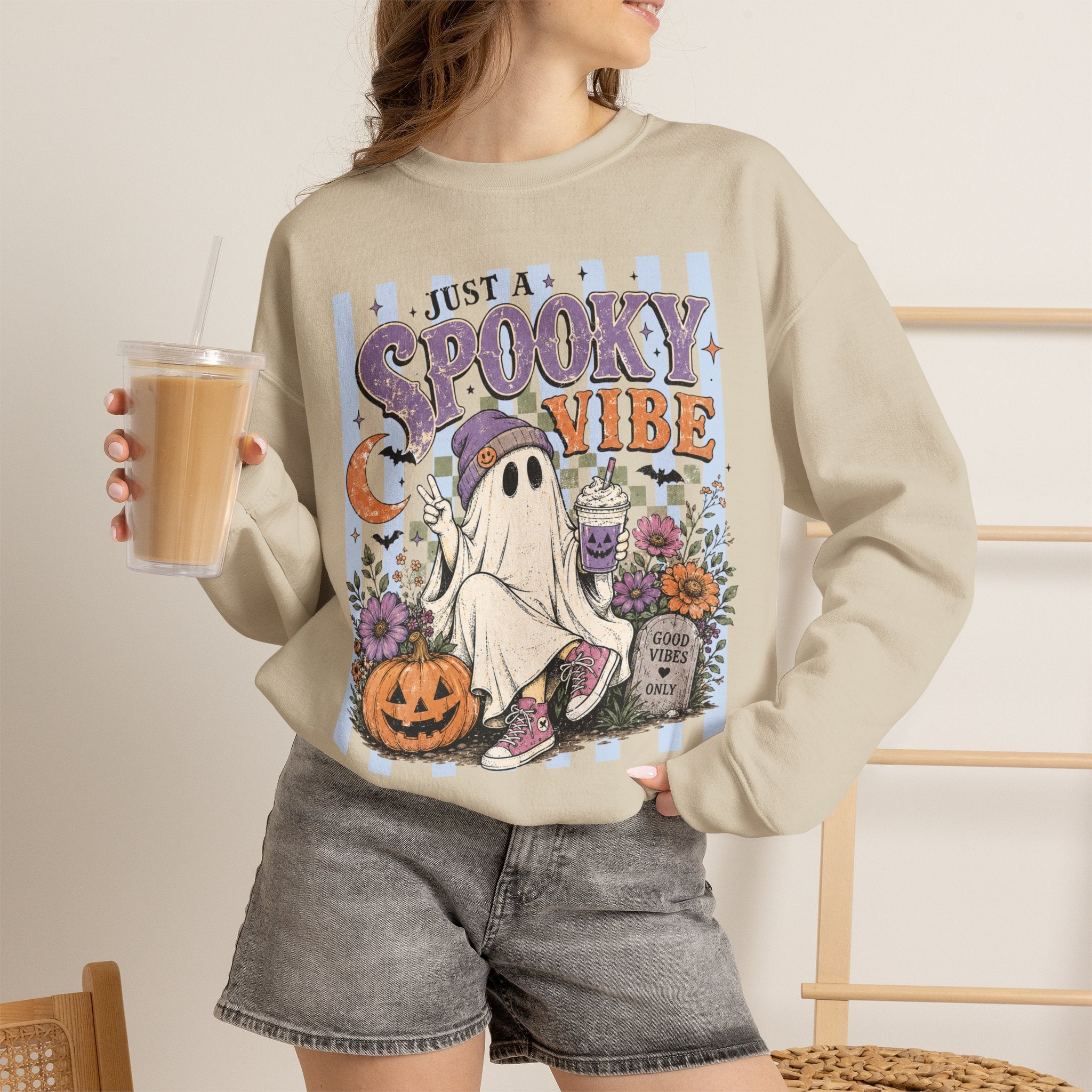 Spooky Vibe Crewneck Sweatshirt – Cute Ghost Halloween Graphic