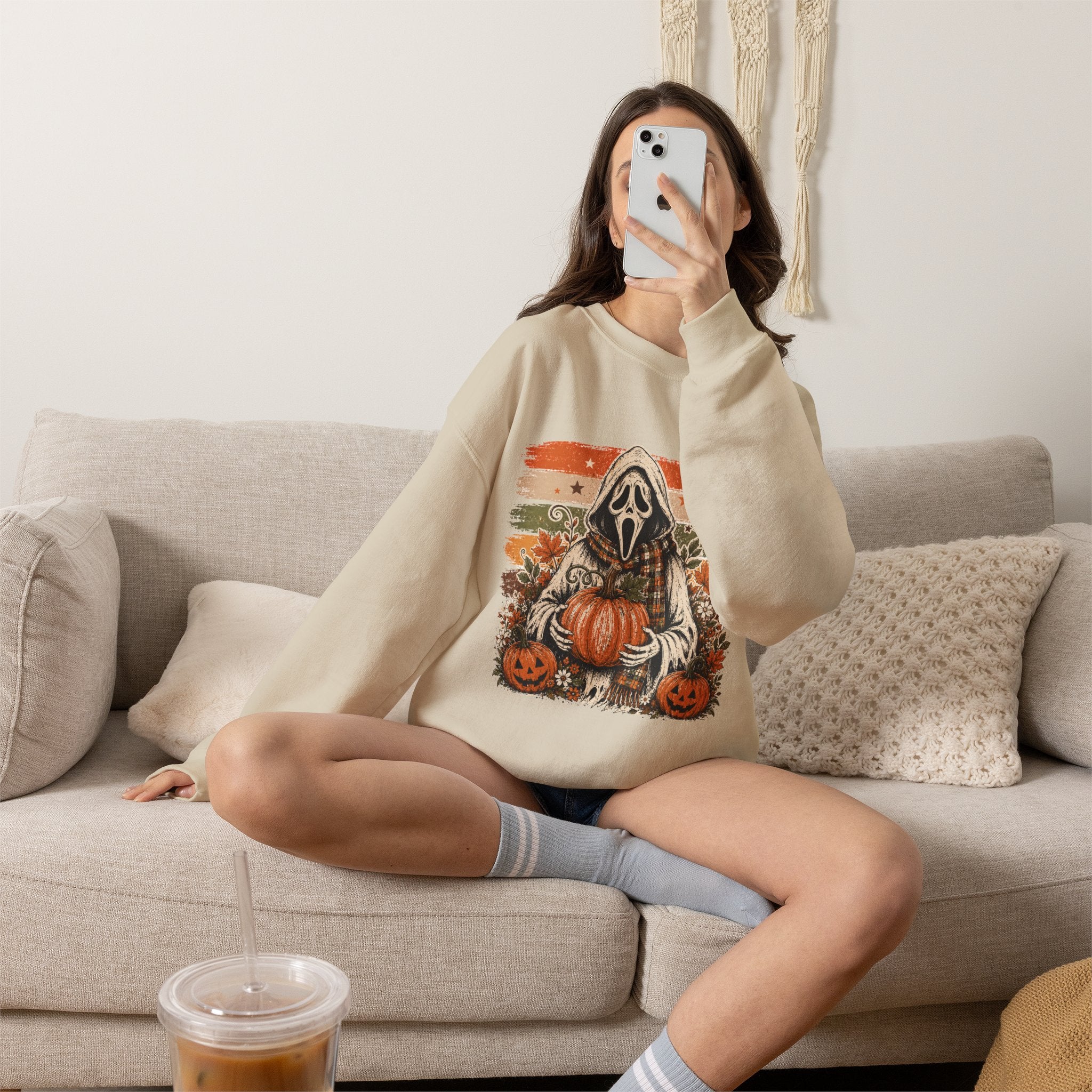 Halloween Ghostface Sweatshirt — Pumpkin & Jack-O'-Lantern Horror Crewneck Unisex