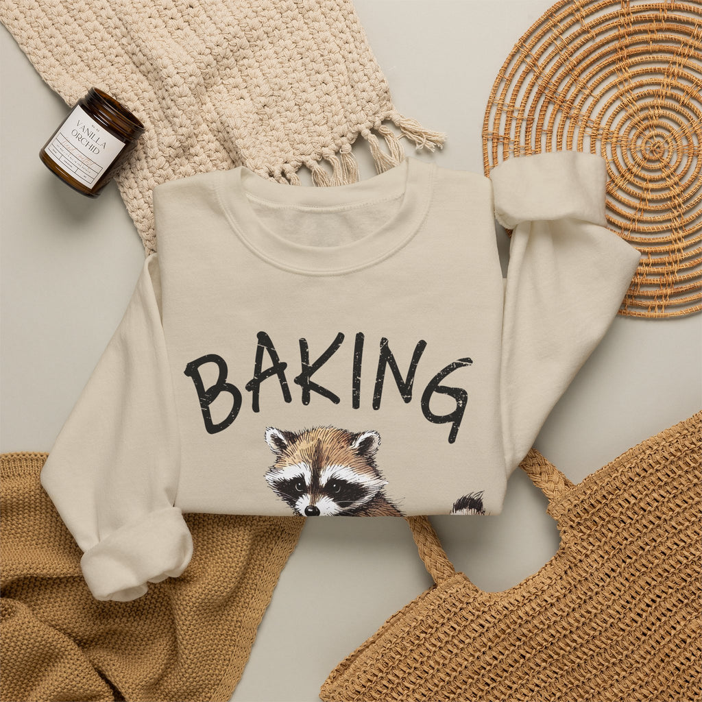Crewneck Sweatshirt - 'Baking Because Murder Is Wrong' Raccoon Cozy Baking Crew