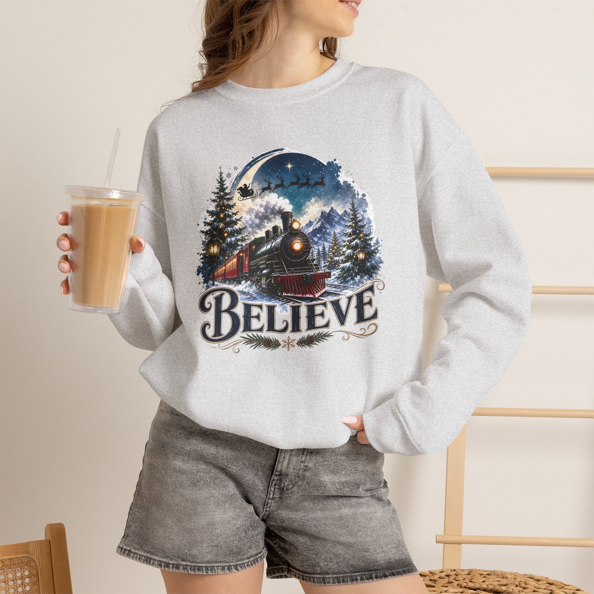 Believe Train Sweatshirt - Vintage Holiday Winter Steam Locomotive Crewneck