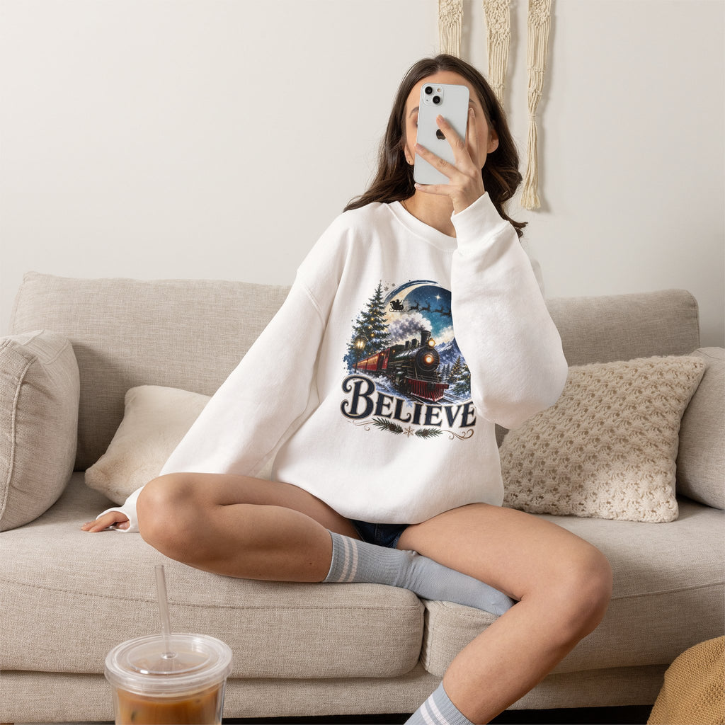 Believe Train Sweatshirt - Vintage Holiday Winter Steam Locomotive Crewneck