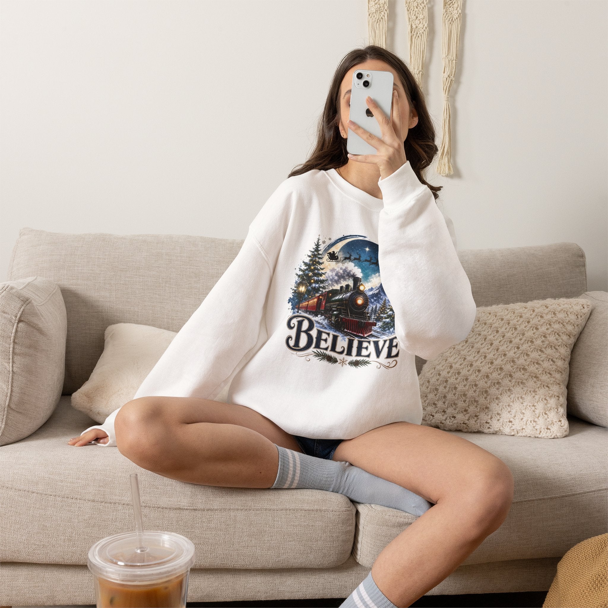 Believe Train Sweatshirt - Vintage Holiday Winter Steam Locomotive Crewneck