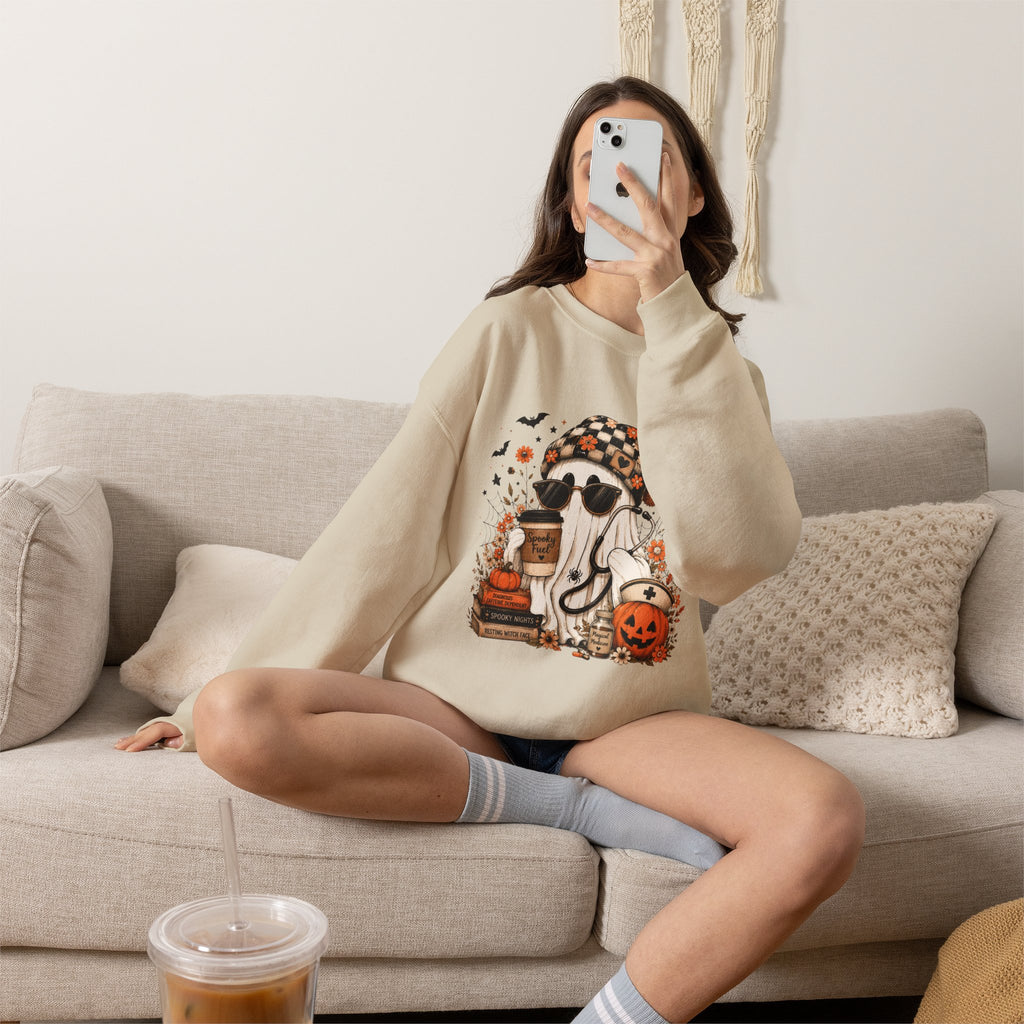 Cozy Halloween Ghost with Pumpkin Crewneck Sweatshirt | Fall Haunted Style Unisex
