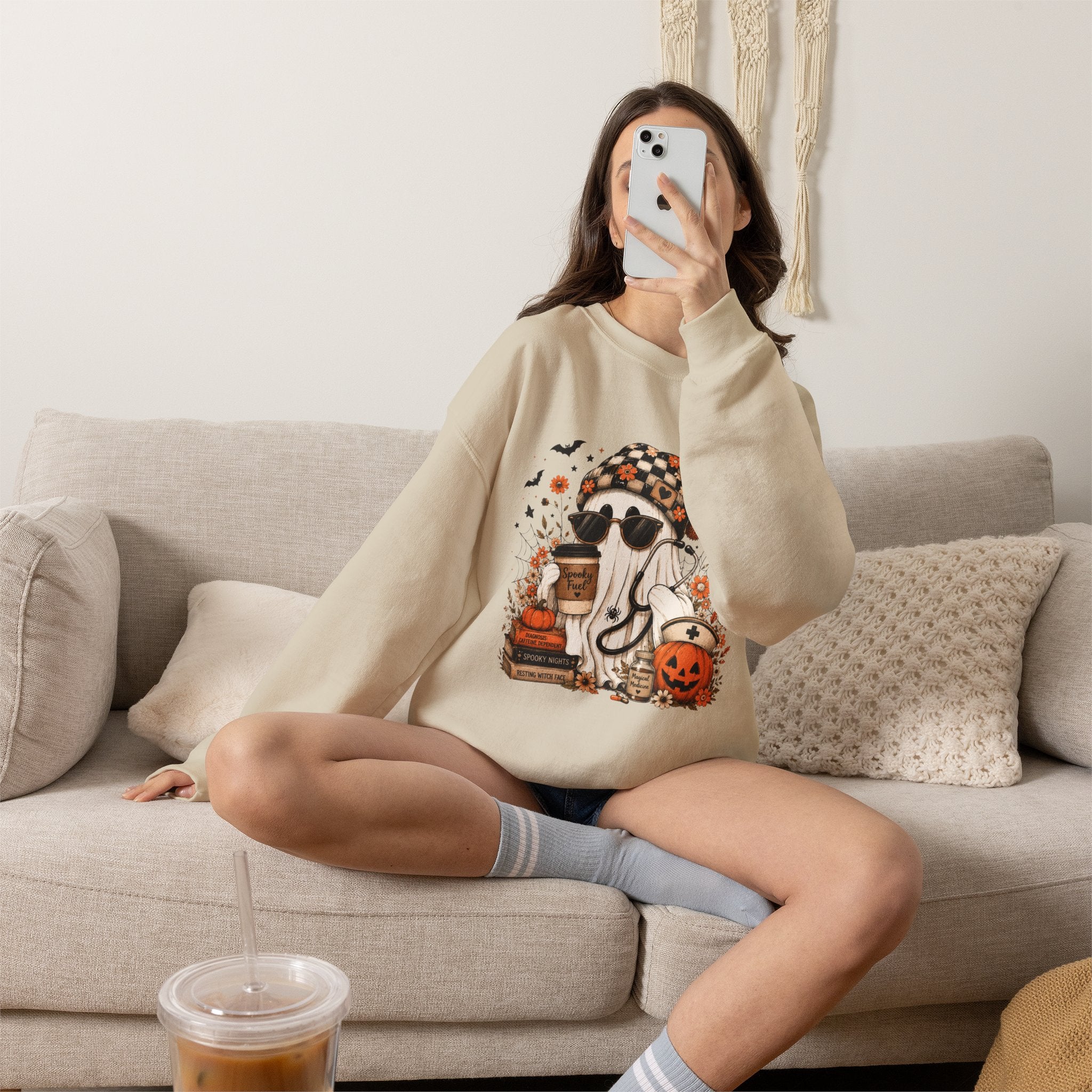 Cozy Halloween Ghost with Pumpkin Crewneck Sweatshirt | Fall Haunted Style Unisex