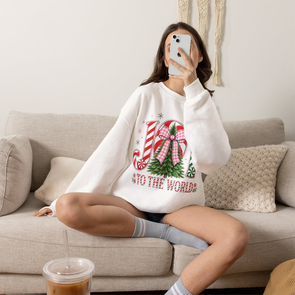 JOY to the World Christmas Sweatshirt — Festive Candy Cane & Wreath Holiday Crewneck