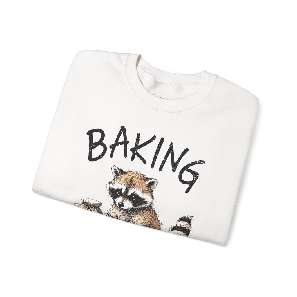 Crewneck Sweatshirt - 'Baking Because Murder Is Wrong' Raccoon Cozy Baking Crew