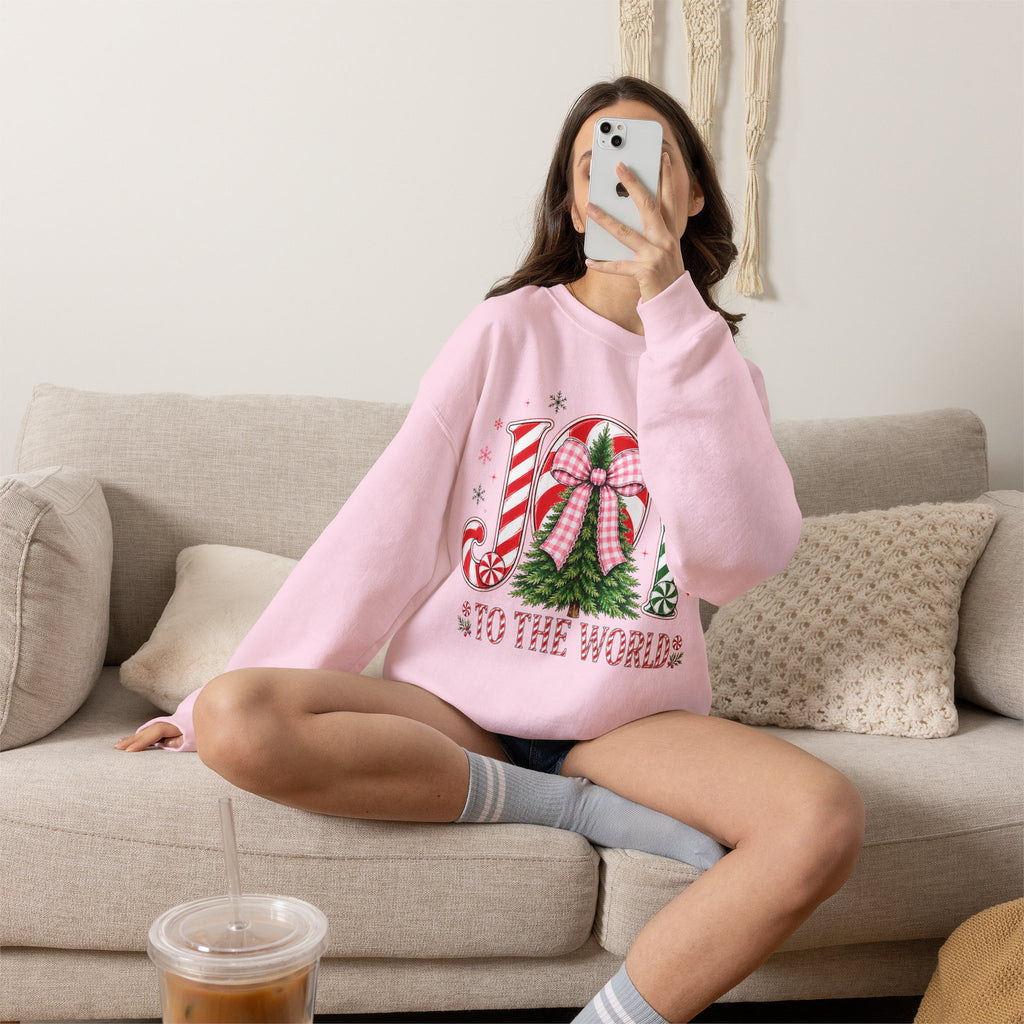 JOY to the World Christmas Sweatshirt — Festive Candy Cane & Wreath Holiday Crewneck