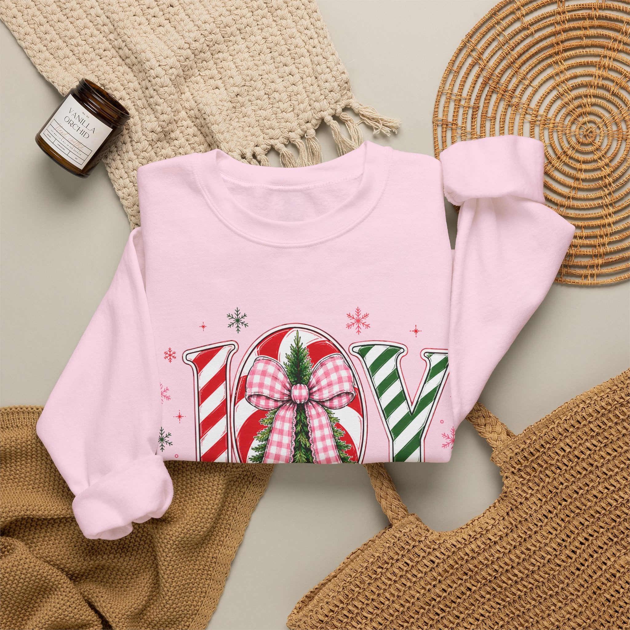 JOY to the World Christmas Sweatshirt — Festive Candy Cane & Wreath Holiday Crewneck