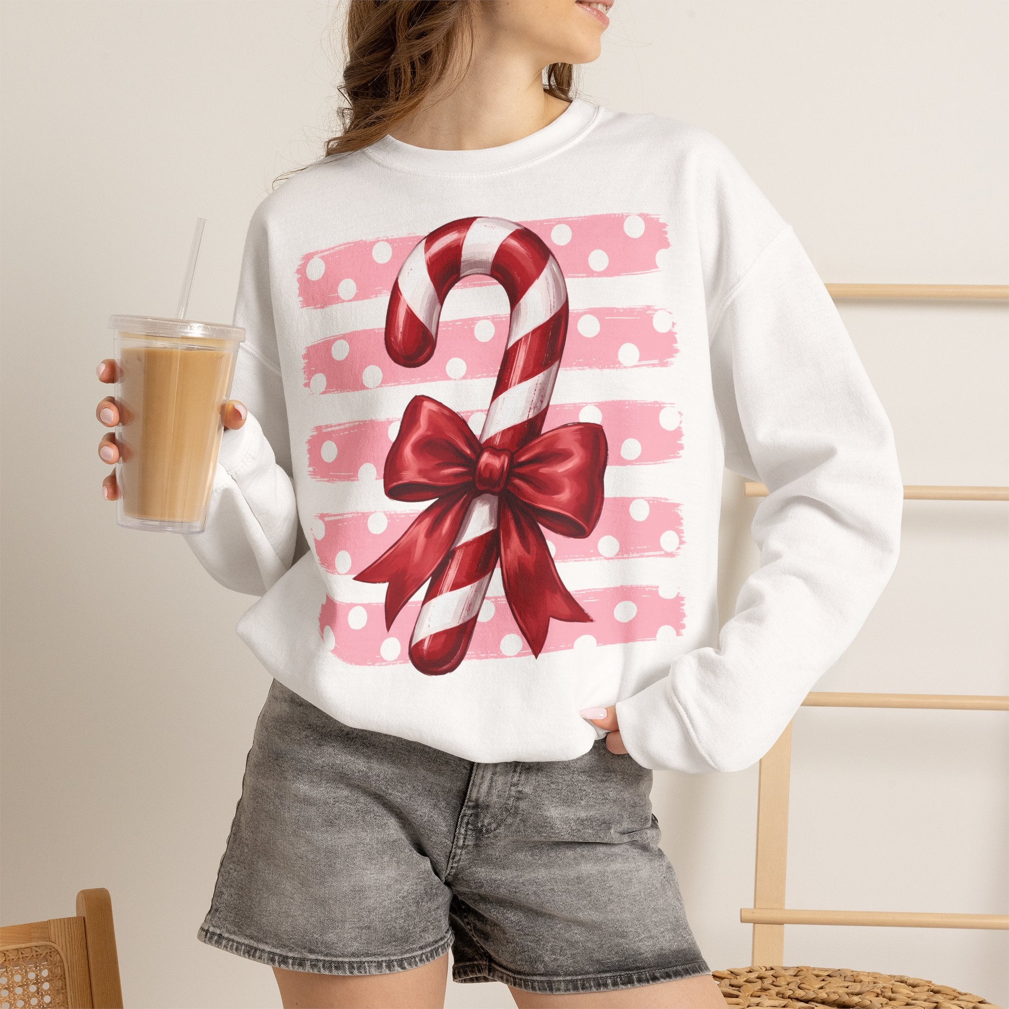 Candy Cane Bow Crewneck Sweatshirt — Holiday Christmas Sweater