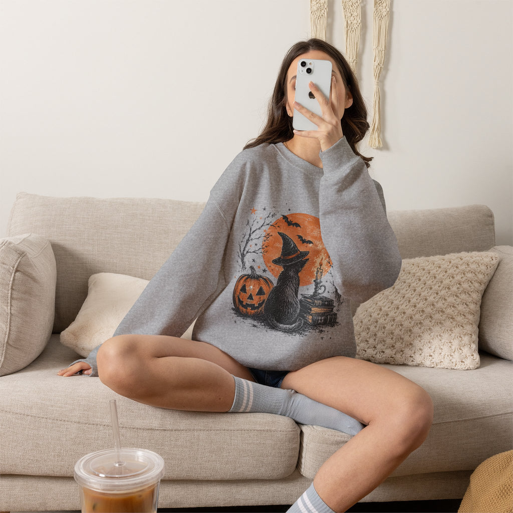 Halloween Cat & Pumpkin Crewneck Sweatshirt — Spooky Moonlit Witchy Vibe