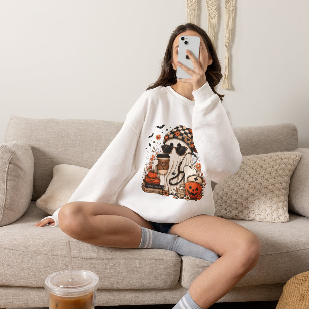Cozy Halloween Ghost with Pumpkin Crewneck Sweatshirt | Fall Haunted Style Unisex