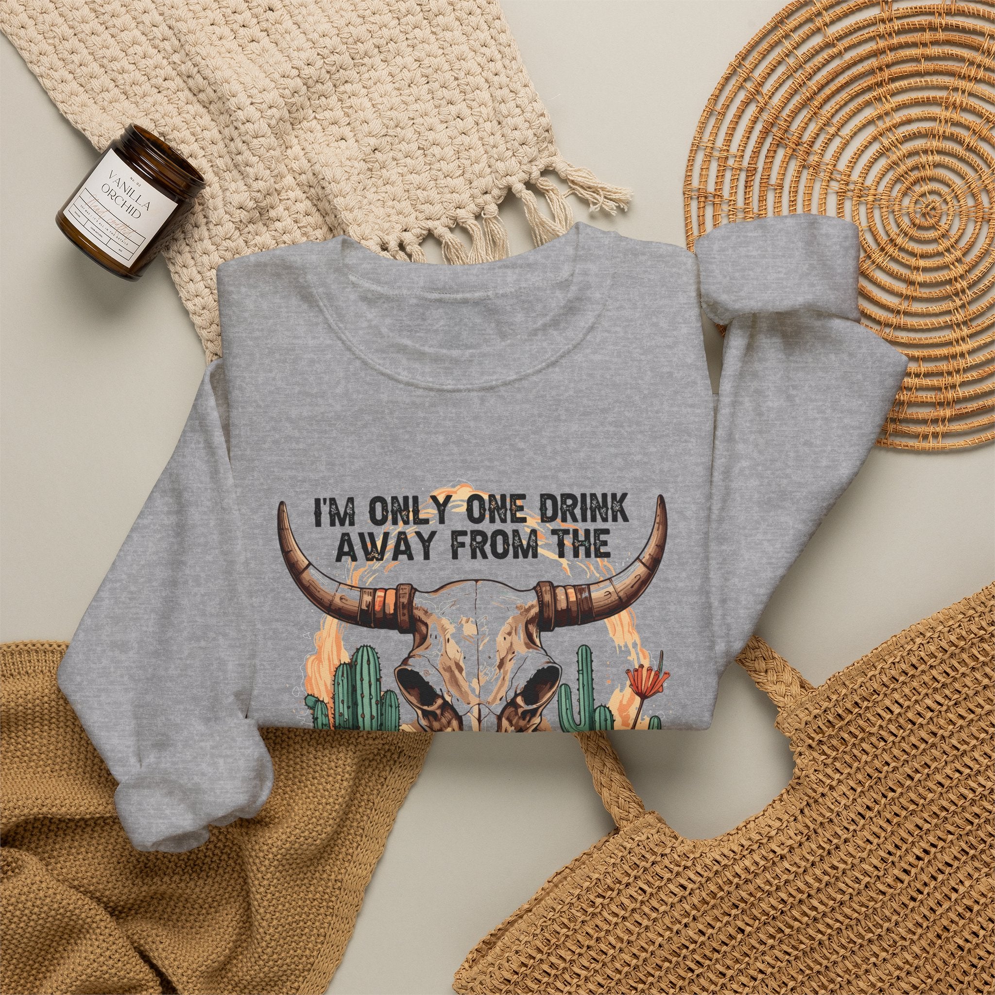 Devil Drink Sweatshirt — 'I'm Only One Drink Away From The Devil' Western Skull Crewneck Unisex