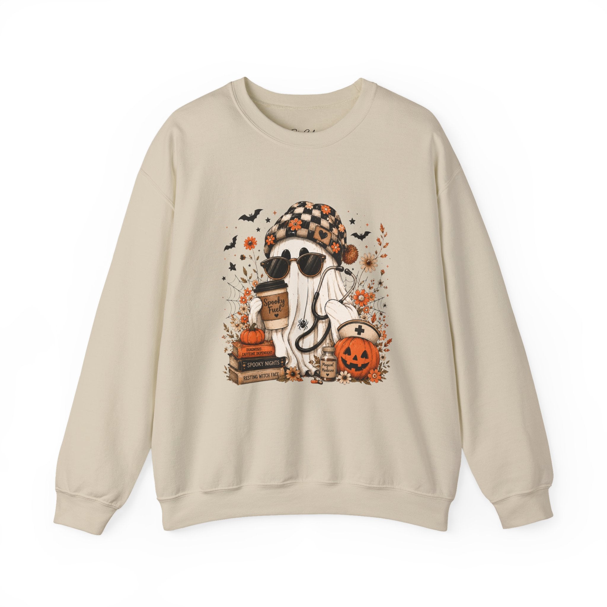 Cozy Halloween Ghost with Pumpkin Crewneck Sweatshirt | Fall Haunted Style Unisex