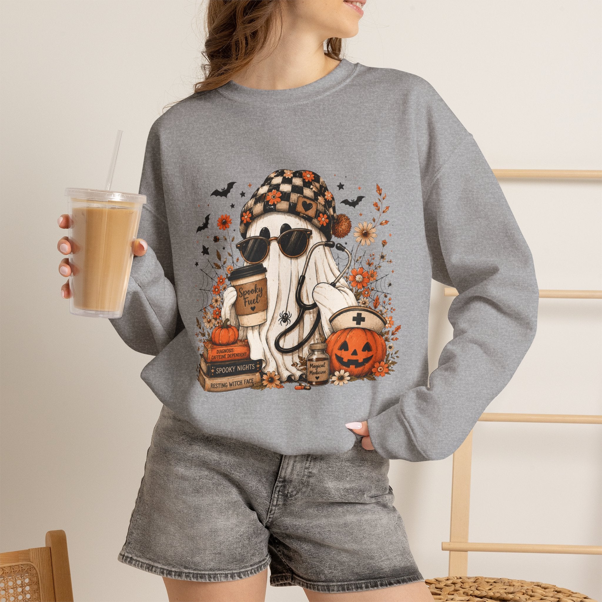Cozy Halloween Ghost with Pumpkin Crewneck Sweatshirt | Fall Haunted Style Unisex