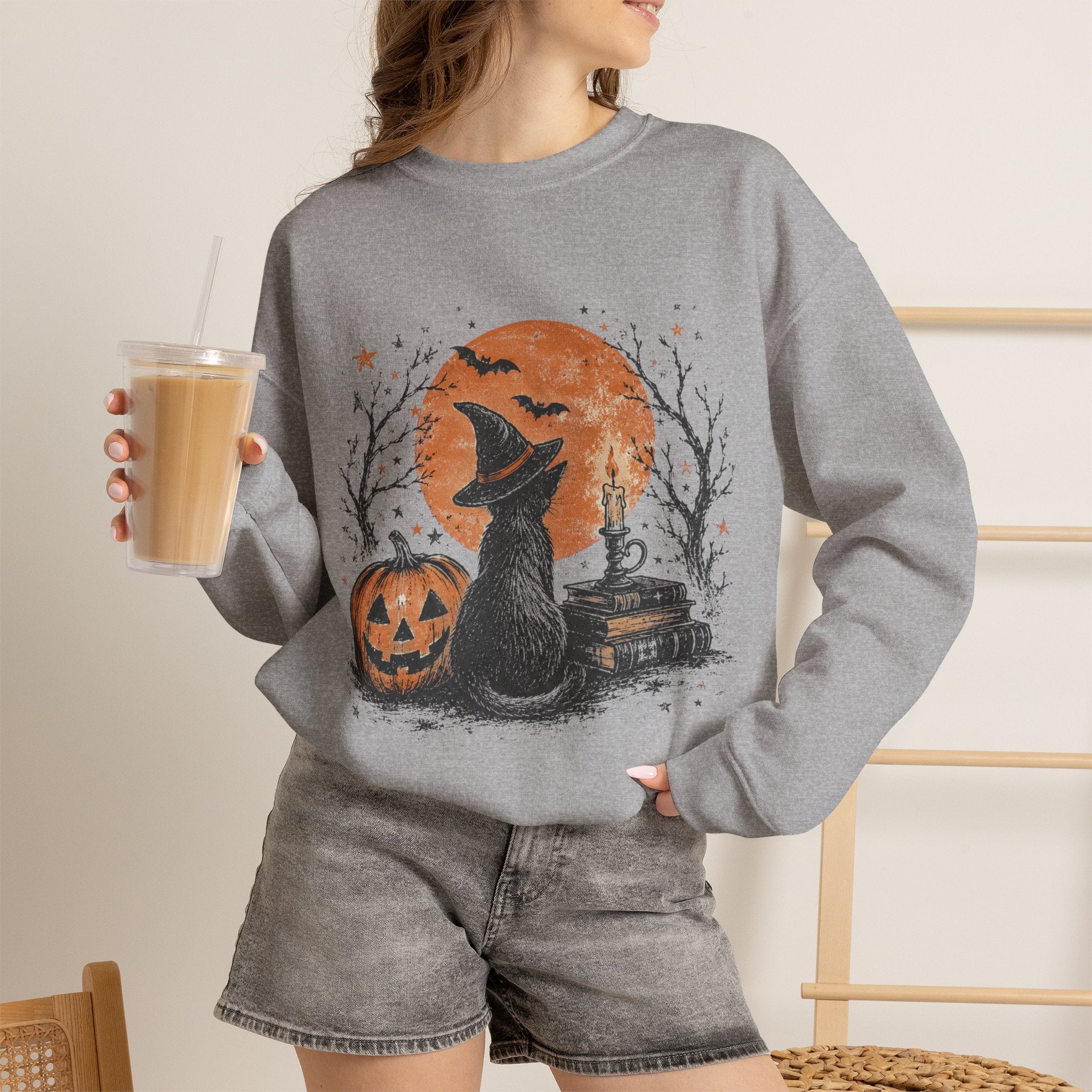Halloween Cat & Pumpkin Crewneck Sweatshirt — Spooky Moonlit Witchy Vibe