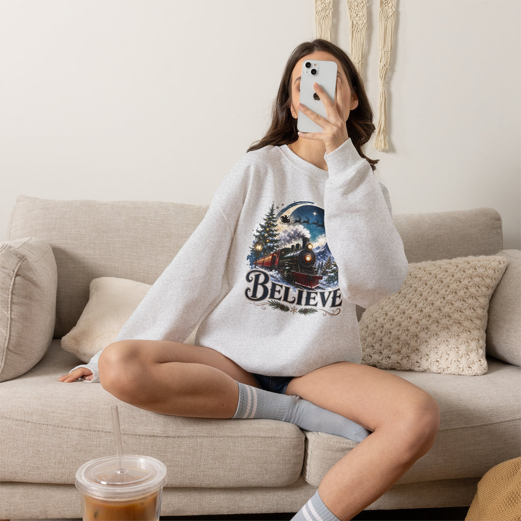 Believe Train Sweatshirt - Vintage Holiday Winter Steam Locomotive Crewneck