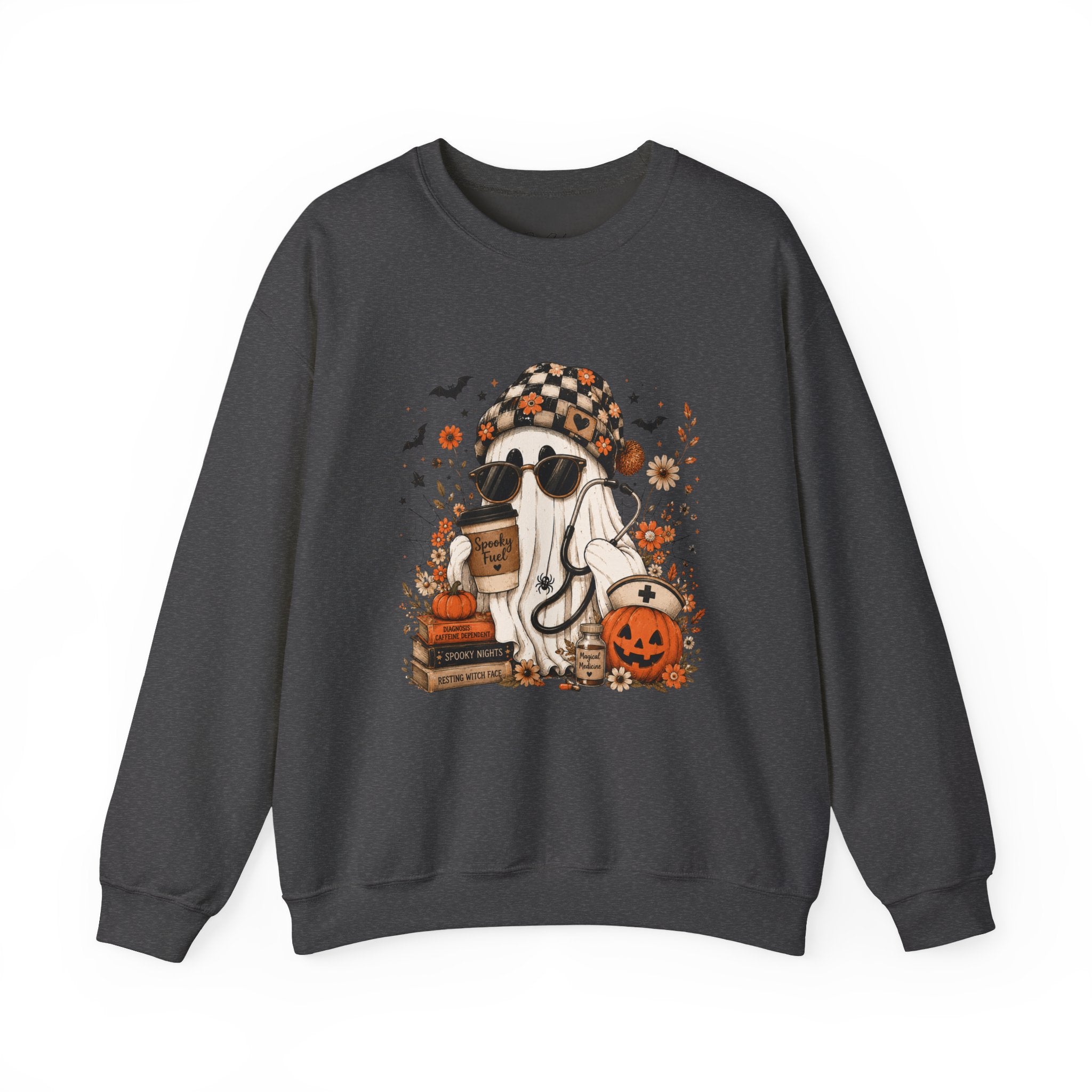 Cozy Halloween Ghost with Pumpkin Crewneck Sweatshirt | Fall Haunted Style Unisex