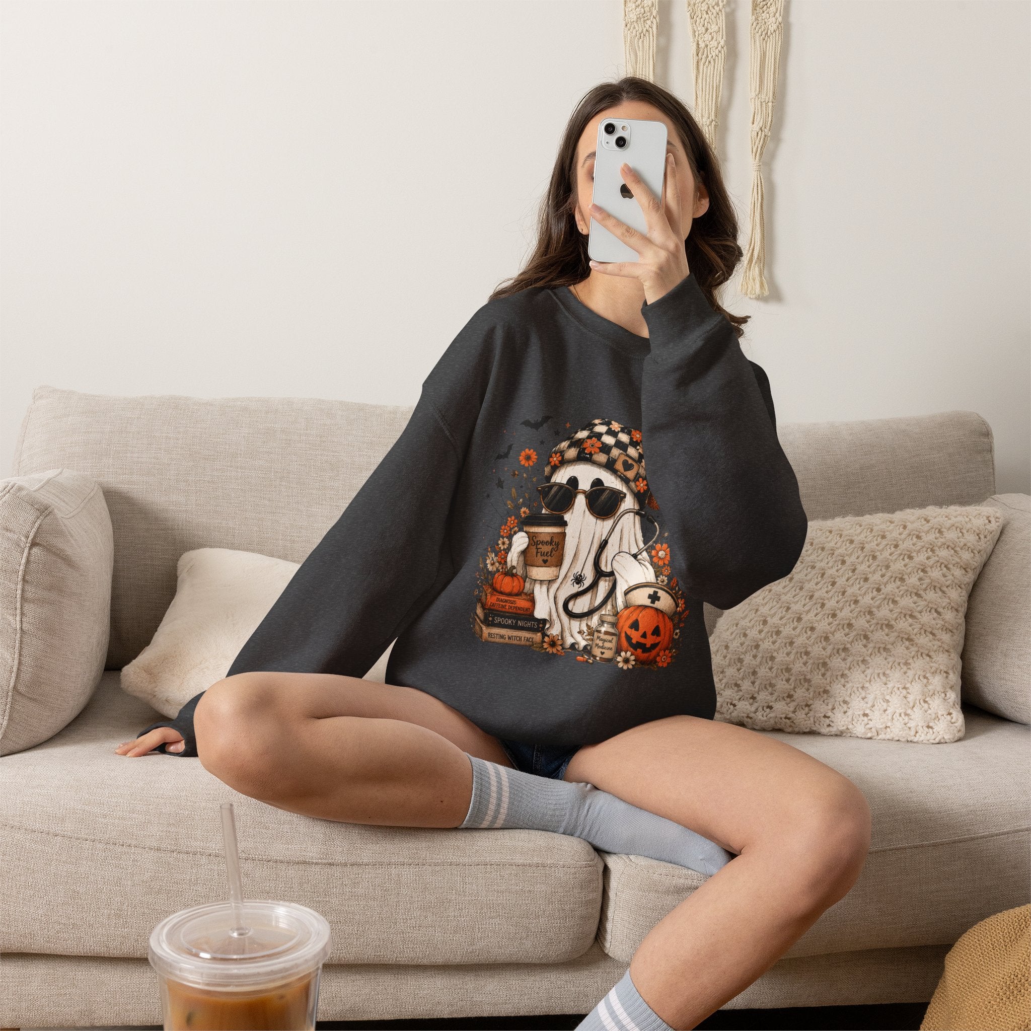Cozy Halloween Ghost with Pumpkin Crewneck Sweatshirt | Fall Haunted Style Unisex