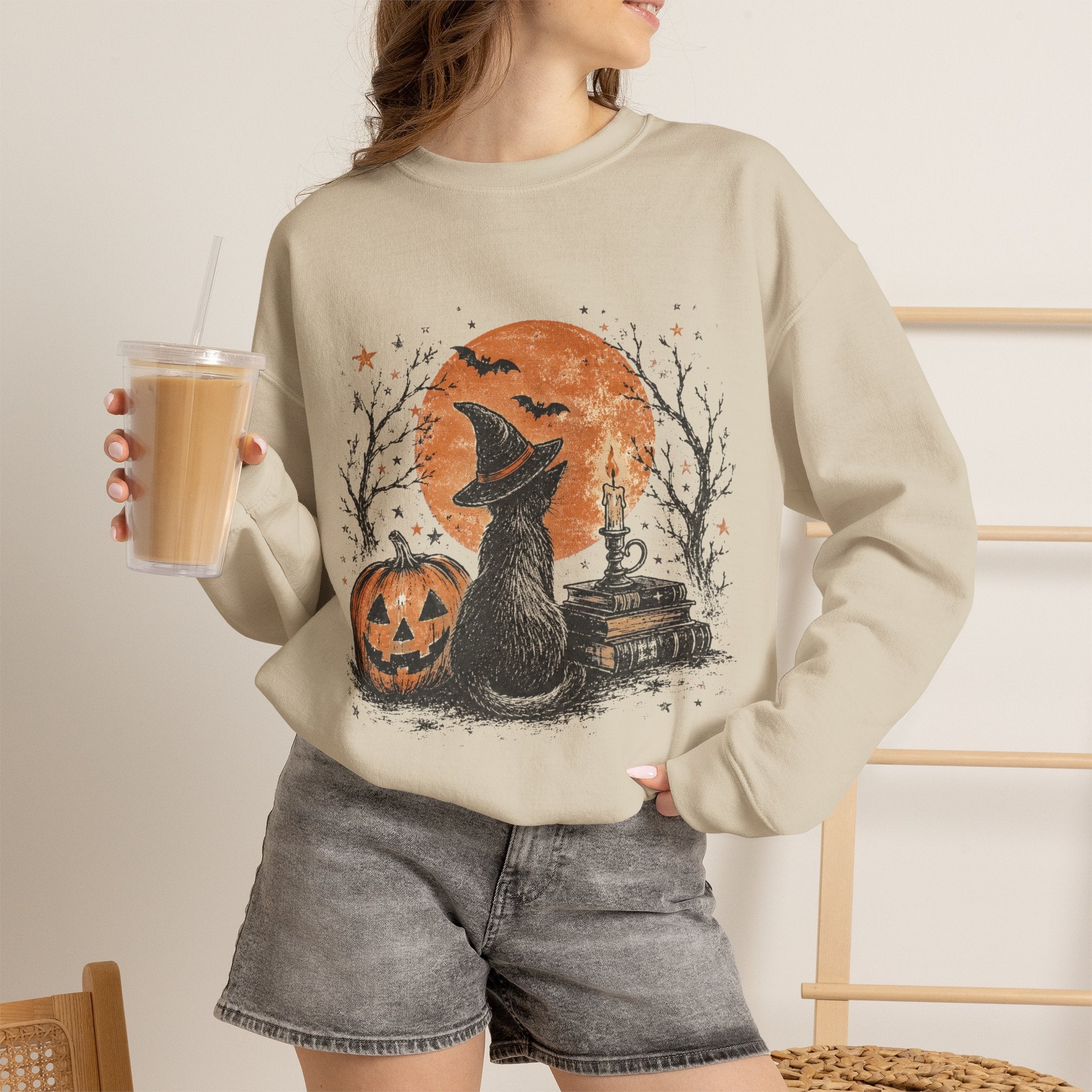 Halloween Cat & Pumpkin Crewneck Sweatshirt — Spooky Moonlit Witchy Vibe