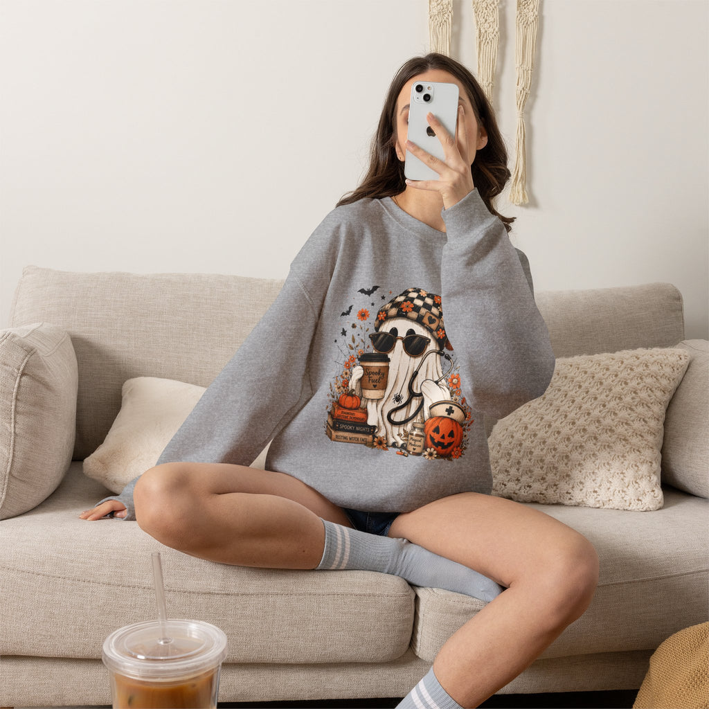 Cozy Halloween Ghost with Pumpkin Crewneck Sweatshirt | Fall Haunted Style Unisex