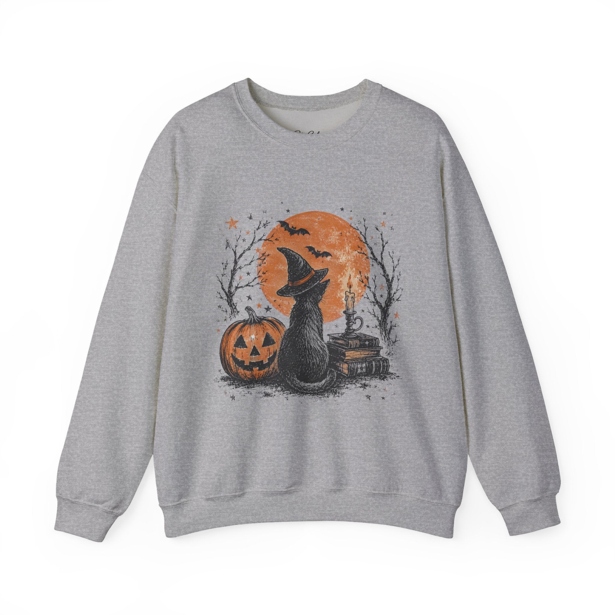 Halloween Cat & Pumpkin Crewneck Sweatshirt — Spooky Moonlit Witchy Vibe