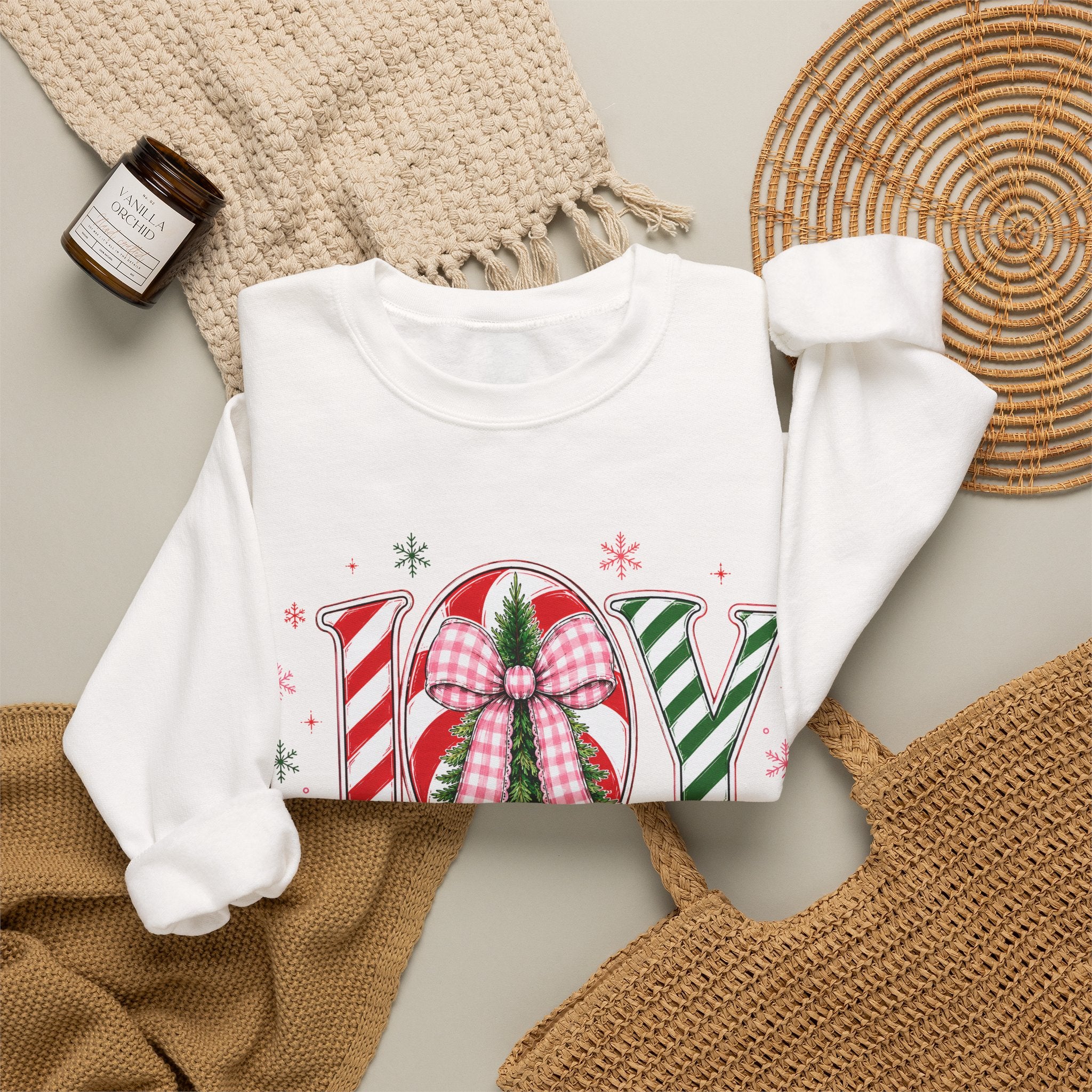 JOY to the World Christmas Sweatshirt — Festive Candy Cane & Wreath Holiday Crewneck