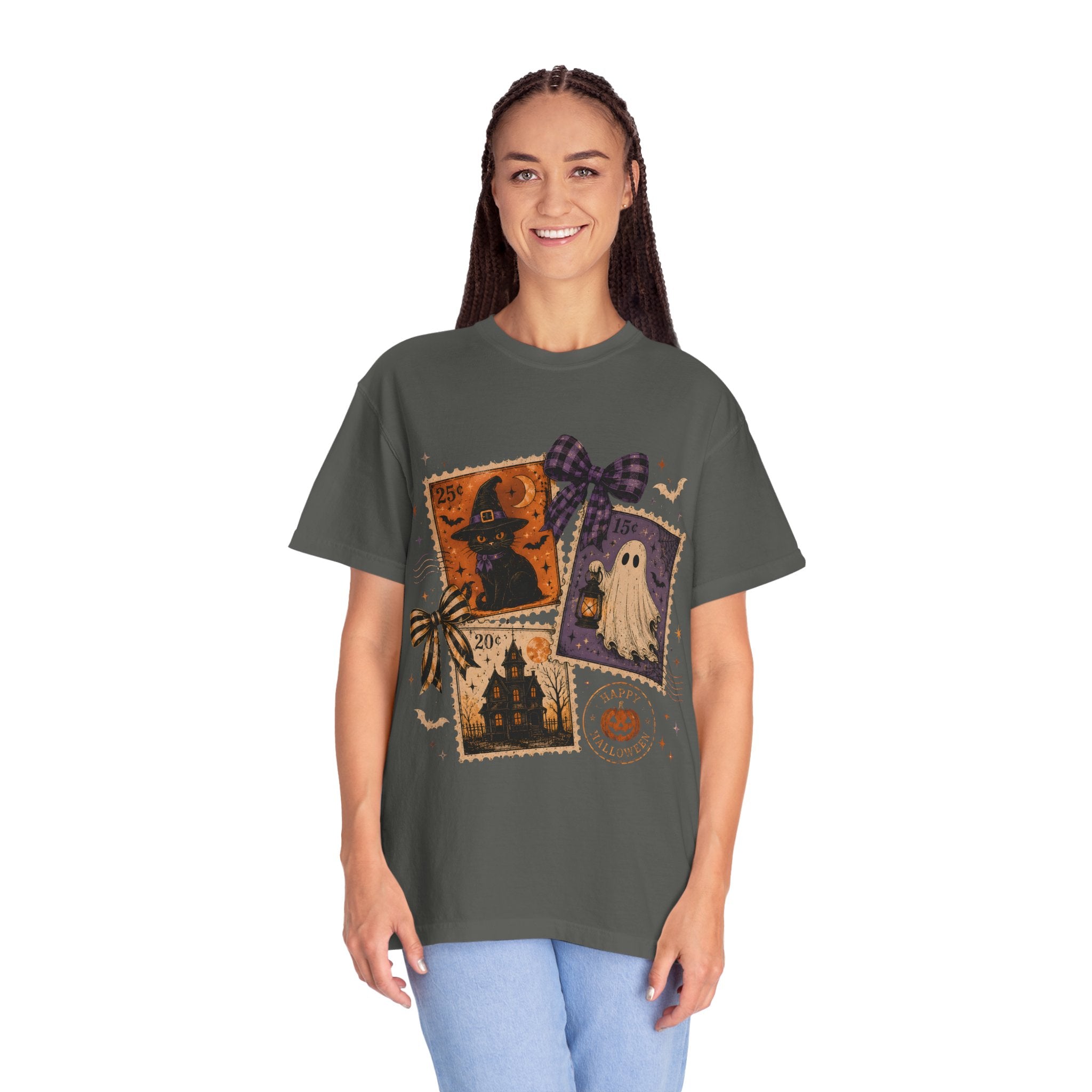 Vintage Halloween Stamps T-Shirt | Witch Ghost Haunted House Postage