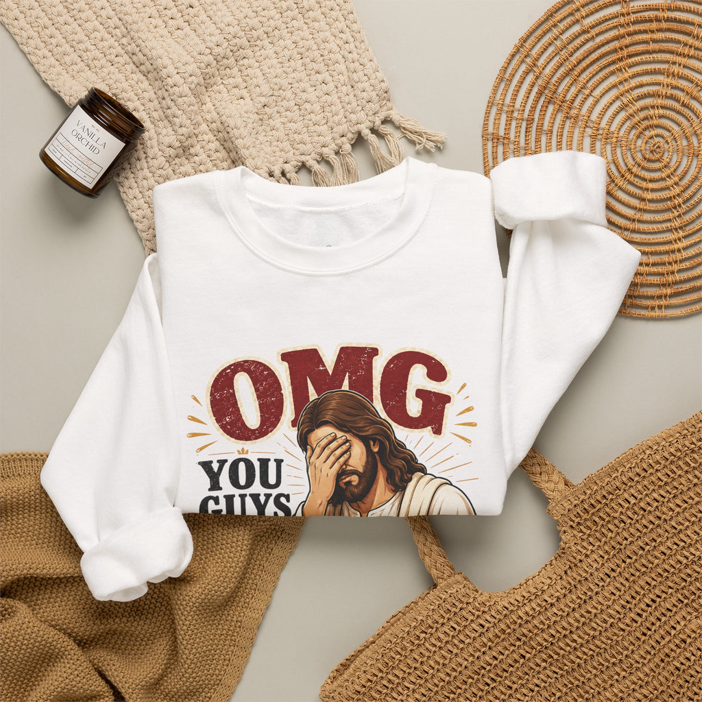 Relatable Jesus Facepalm Crewneck Sweatshirt – "OMG You Guys That's Not What I Said" Christian Pullover