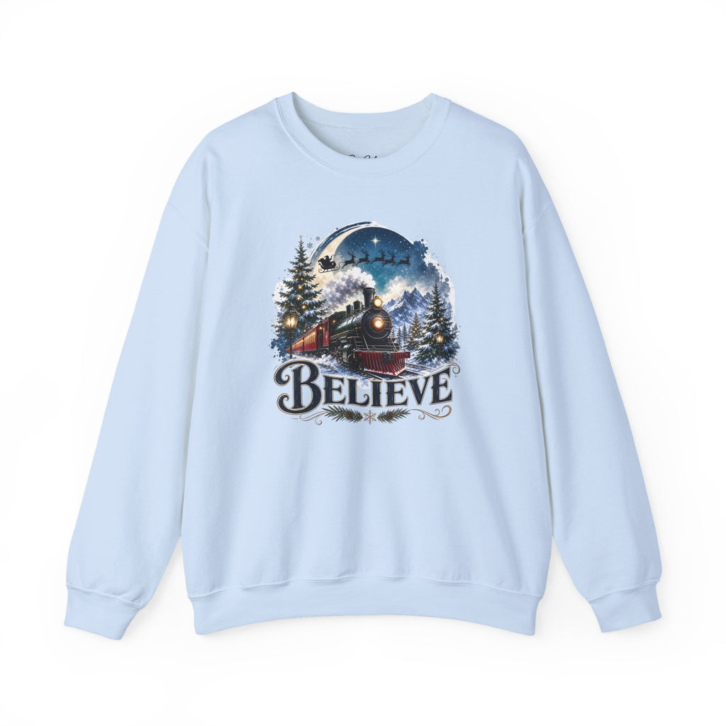 Believe Train Sweatshirt - Vintage Holiday Winter Steam Locomotive Crewneck