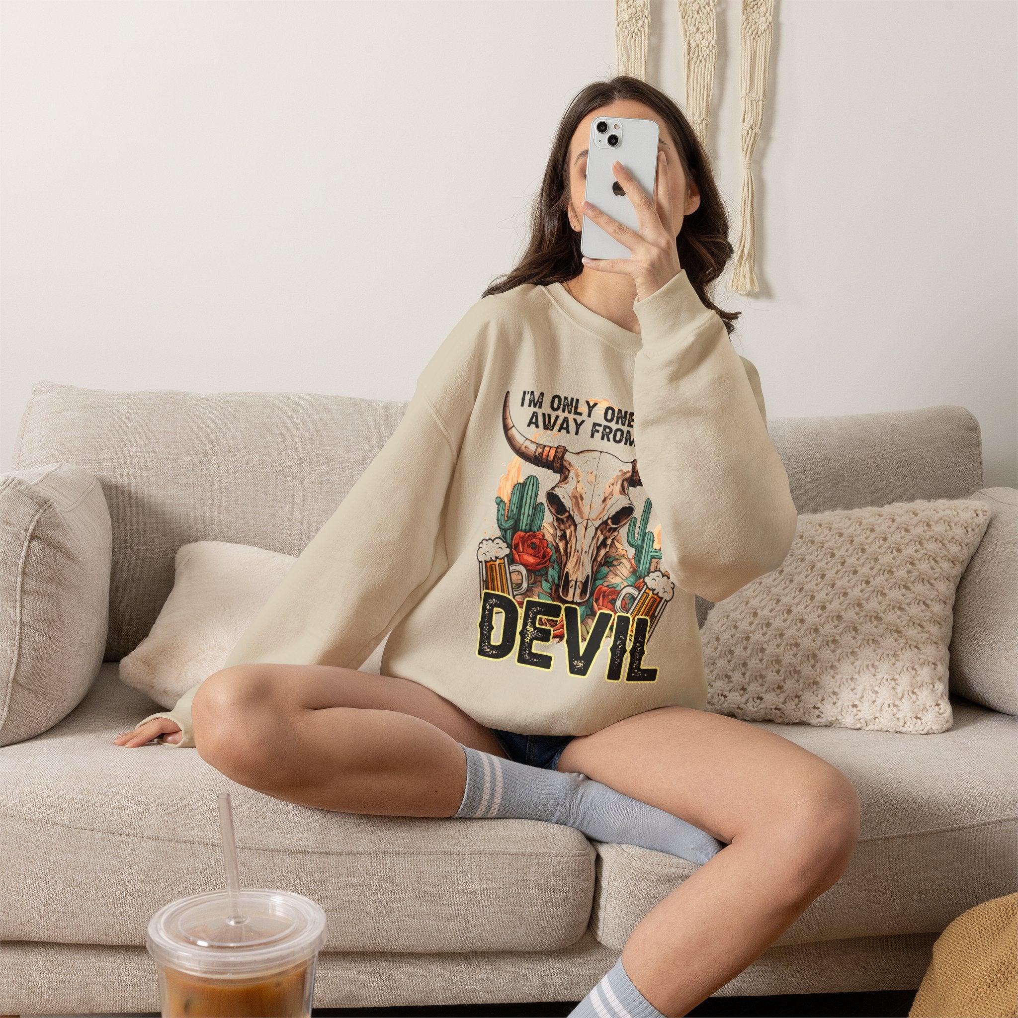 Devil Drink Sweatshirt — 'I'm Only One Drink Away From The Devil' Western Skull Crewneck Unisex
