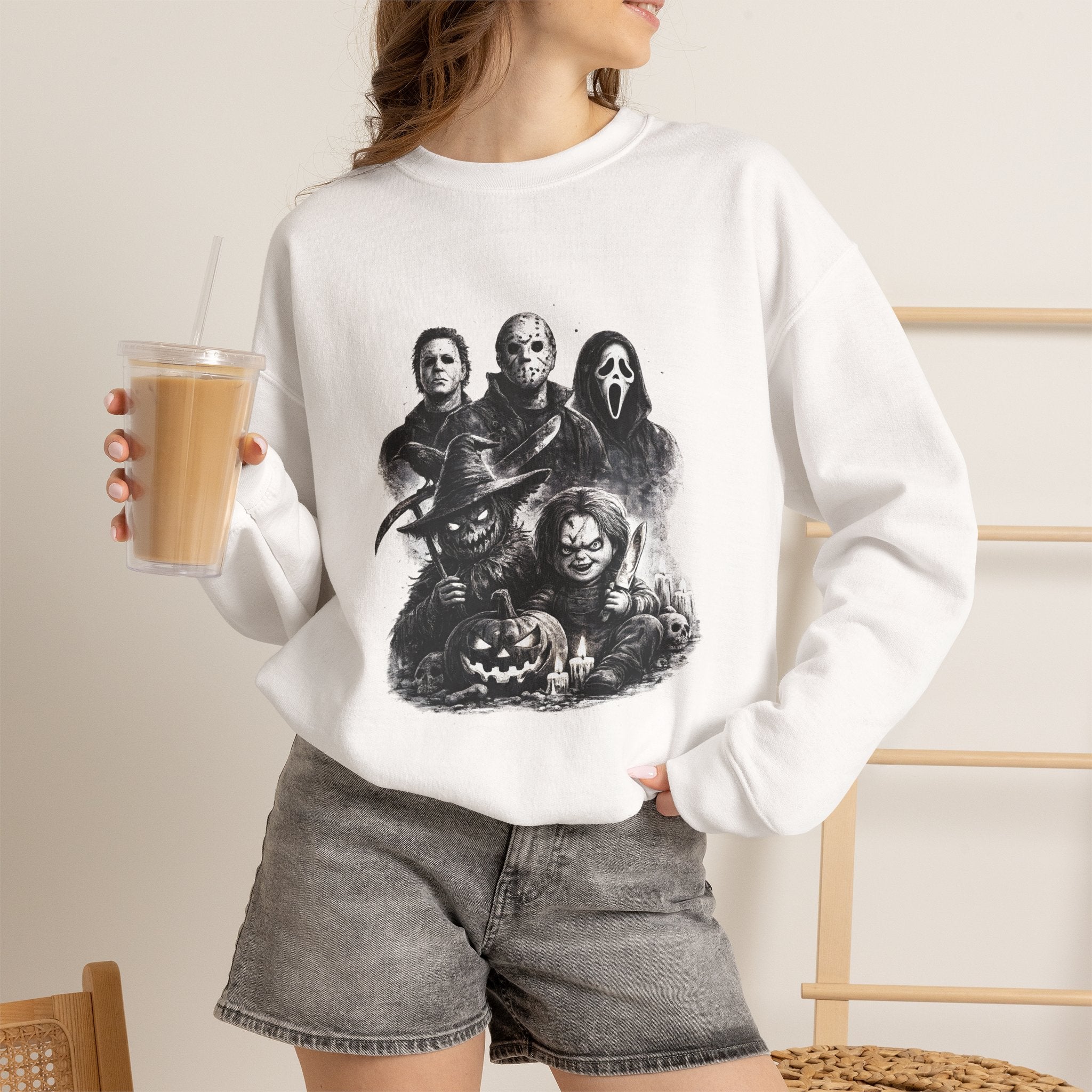 Horror Icons Crewneck Sweatshirt — Vintage Halloween Slasher Collage