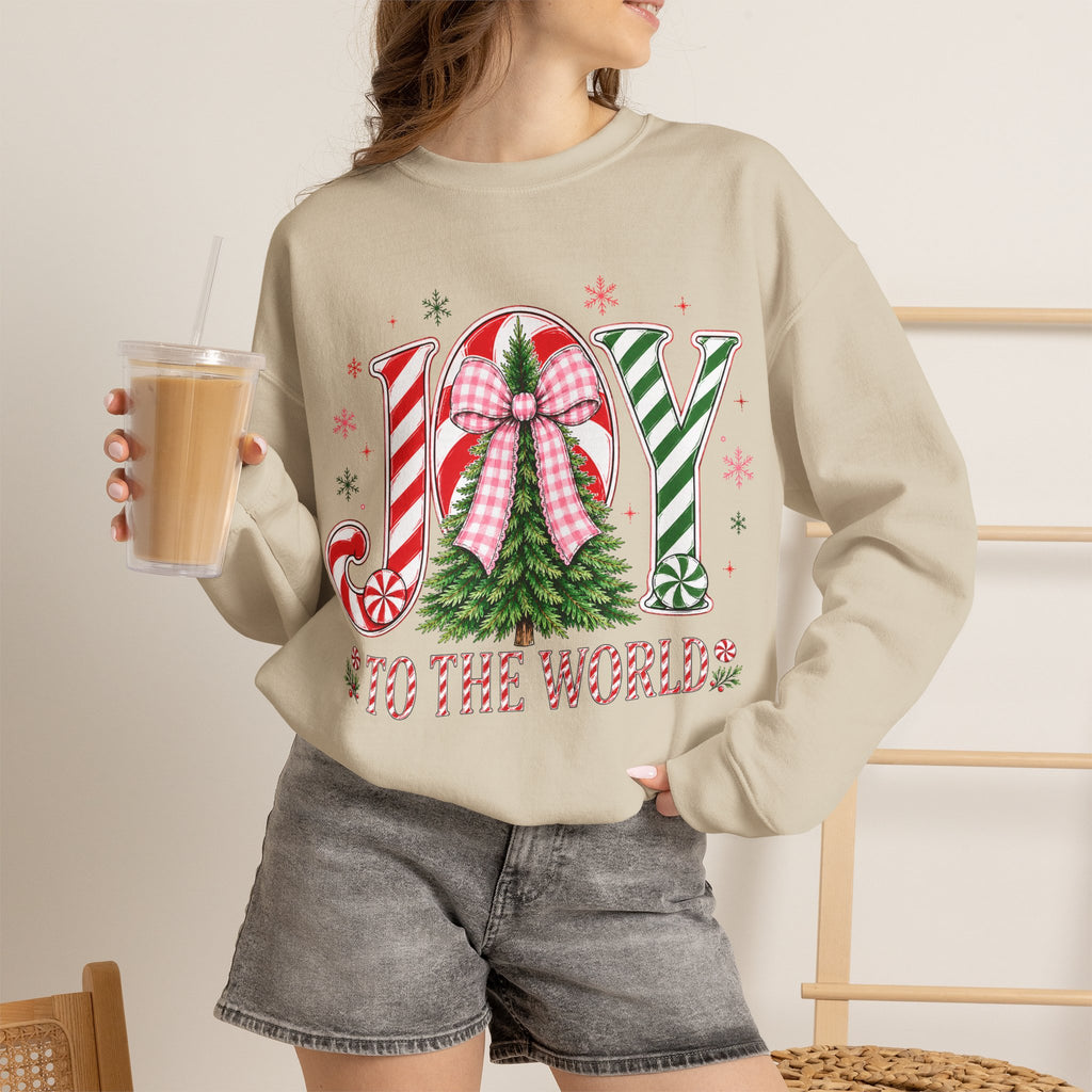 JOY to the World Christmas Sweatshirt — Festive Candy Cane & Wreath Holiday Crewneck