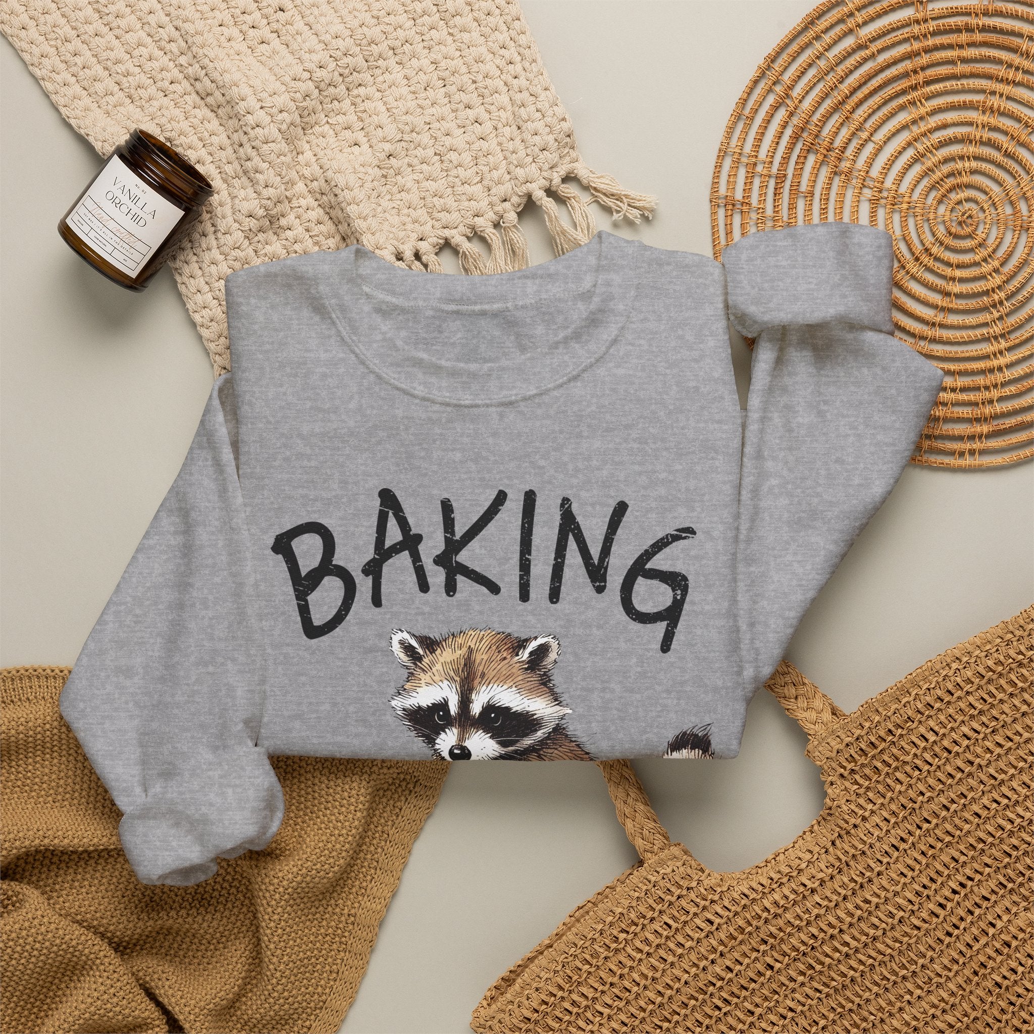 Crewneck Sweatshirt - 'Baking Because Murder Is Wrong' Raccoon Cozy Baking Crew